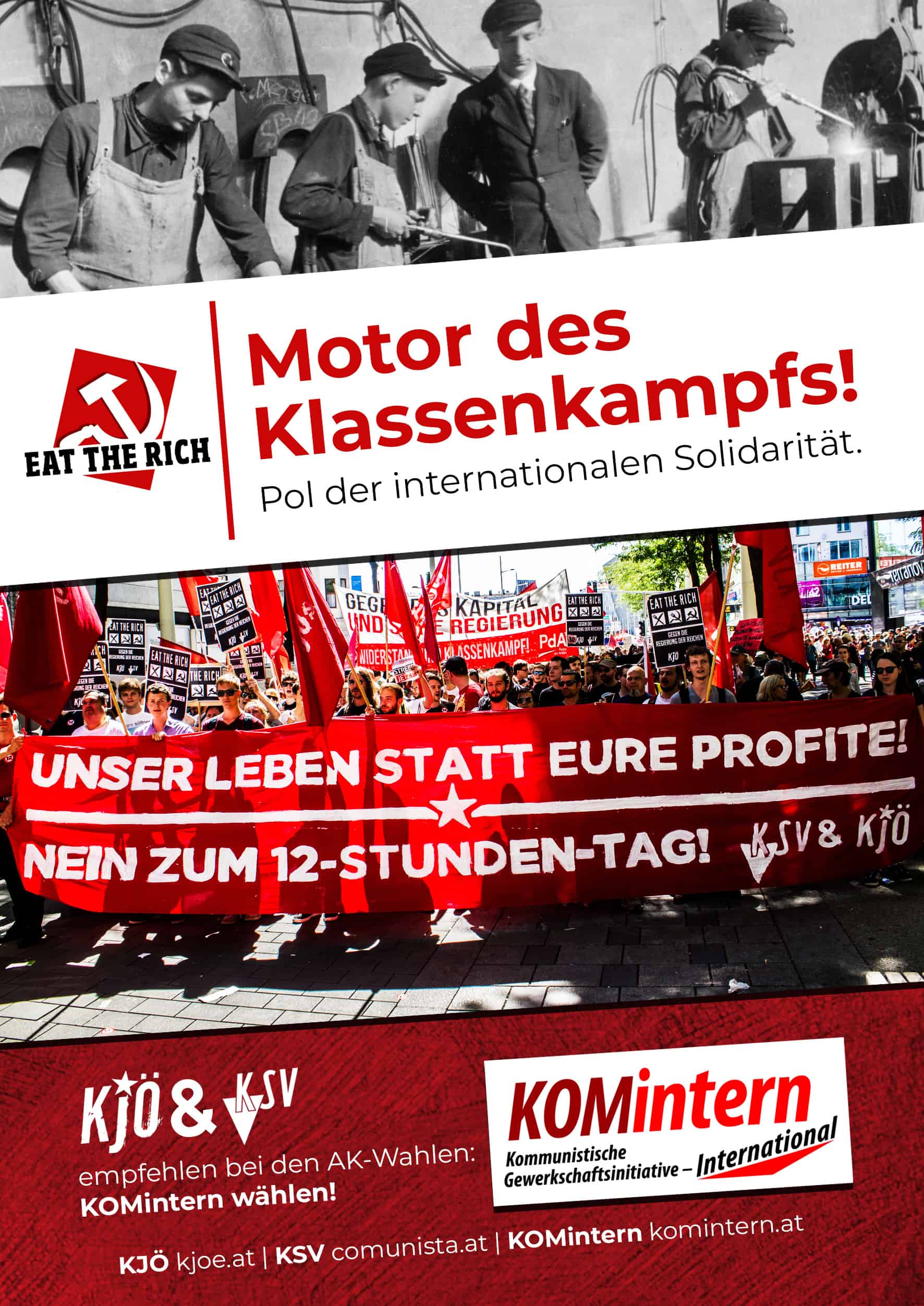 Flyer mit dem Titel "Motor des Klassenkampfs" anlässlich des Wahlaufrufes für Komintern zu den Arbeiterkammer Wahlen 2019.